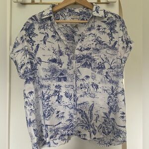 Joie White Button-Down Shirt with Navy Tropical Print XL